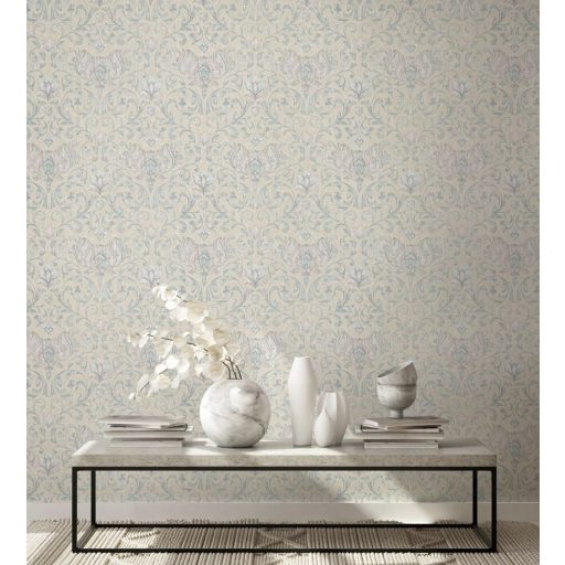 Damaszt hatású klasszikus szépségű és mintázatú Vintage dekorminta bézs szürkésbézs lila és kék/zöldeskék tónus tapéta