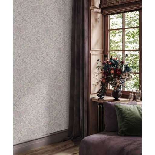 Damaszt hatású klasszikus szépségű és mintázatú Vintage dekorminta szürke bézs és rózsaszín/lila tónus tapéta
