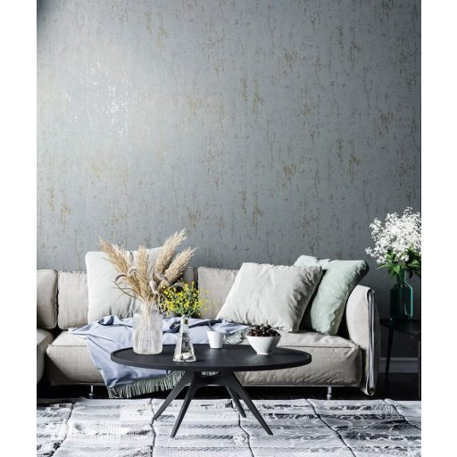 Koptatott strukturált minta fémes díszítéssel világoskék/szürkéskék és arany tónus tapéta