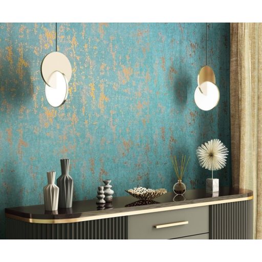 Koptatott strukturált minta fémes díszítéssel türkizzöld és arany tónus tapéta