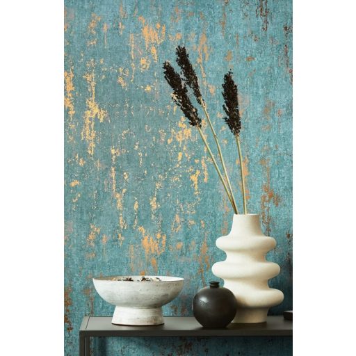 Koptatott strukturált minta fémes díszítéssel türkizzöld és arany tónus tapéta