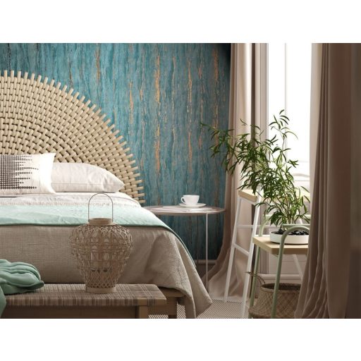 Márvány hatású texturált fémes díszítésű dekorminta türkiz és arany tónus tapéta