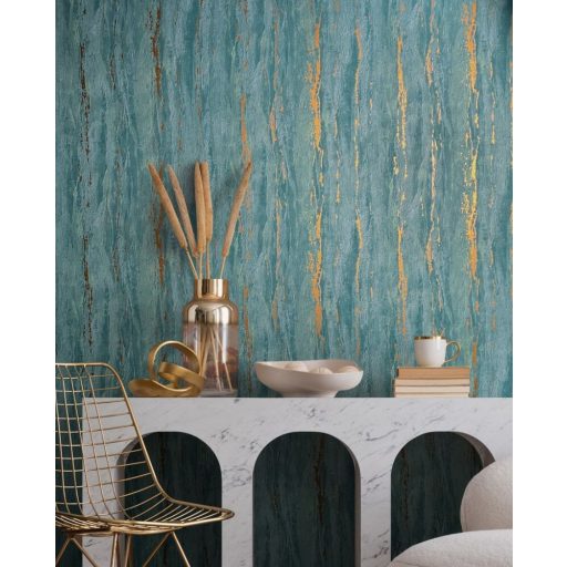Márvány hatású texturált fémes díszítésű dekorminta türkiz és arany tónus tapéta