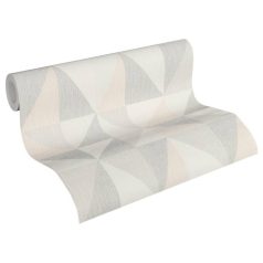   Skandináv stílusú geometrikus minta - változatos háromszögek világosszürke barack szürkésbézs tapéta