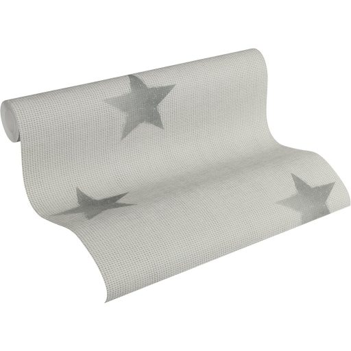 Durván szőtt textilhatású alapon elszórt csillagok mintája szürke/szürkésbézs és sötétszürke tónus tapéta