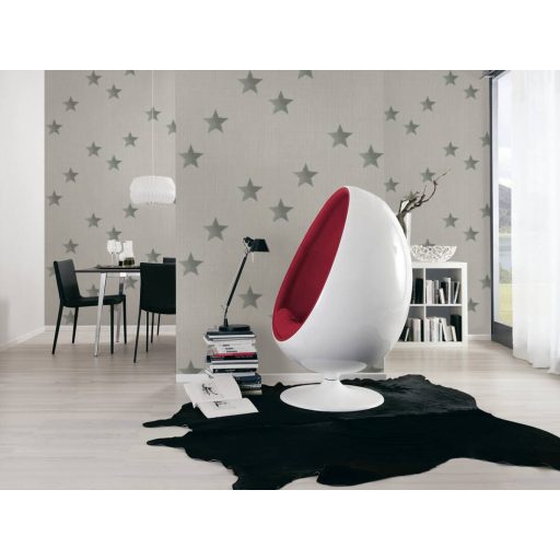 Durván szőtt textilhatású alapon elszórt csillagok mintája szürke/szürkésbézs és sötétszürke tónus tapéta