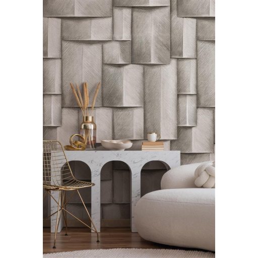 Háromdimenziós hatású fahasábokból kialakított geometriai minta szürkésfehér világosszürke és szürke tónus falpanel