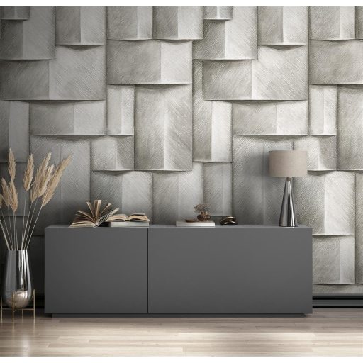 Háromdimenziós hatású fahasábokból kialakított geometriai minta szürkésfehér világosszürke és szürke tónus falpanel