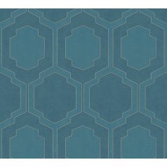   Geometrikus díszítőminta - háromdimenziós hatású vonalmintázat kék türkizkék és borostyán tónus fémes hatás tapéta