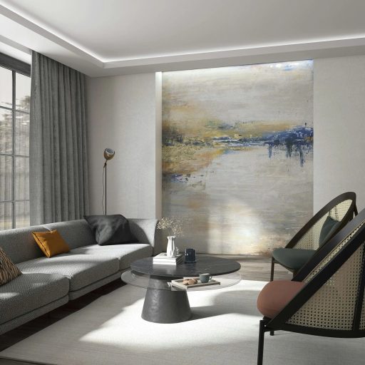 Festői álomvilág egy impresszinista festő vásznán művészi panoráma szürke bézs sárga kék és okker tónus falpanel