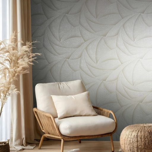 Skandináv természeti minta - nagyméretű levélre emlékeztető formák krém bézs és gyöngyház tónus fémes hatás tapéta