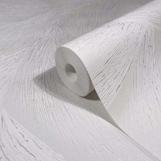   Skandináv természeti minta - nagyméretű levélre emlékeztető formák fehér törtfehér és gyöngyház tónus fémes hatás tapéta