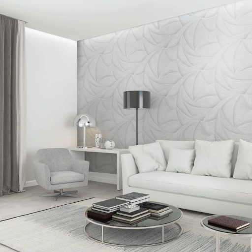 Skandináv természeti minta - nagyméretű levélre emlékeztető formák fehér törtfehér és gyöngyház tónus fémes hatás tapéta