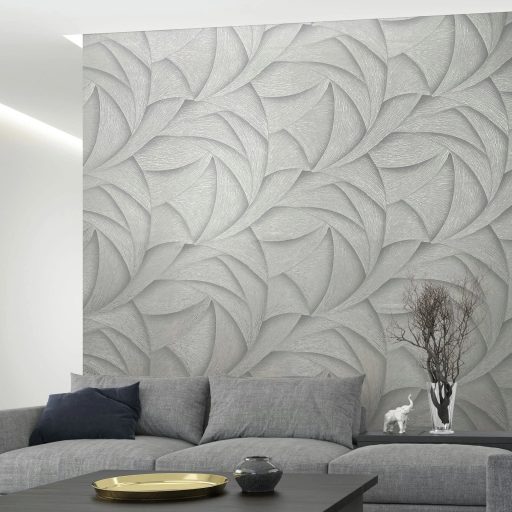 Skandináv természeti minta - nagyméretű levélre emlékeztető formák finom szürke ezüst és gyöngyház tónus fémes hatás tapéta