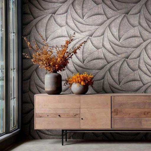 Skandináv természeti minta - nagyméretű levélre emlékeztető formák szürke sötétszürke/antracit ezüst és arany tónus fémes hatás tapéta