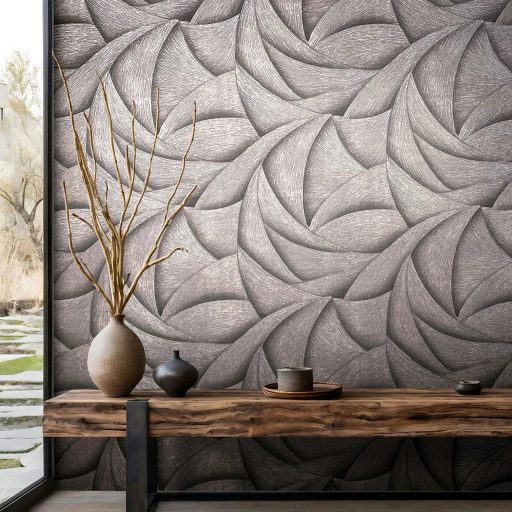 Skandináv természeti minta - nagyméretű levélre emlékeztető formák szürke sötétszürke/antracit ezüst és arany tónus fémes hatás tapéta