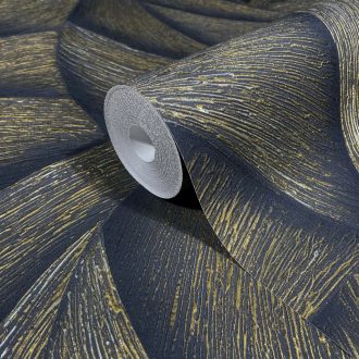   Skandináv természeti minta - nagyméretű levélre emlékeztető formák éjfekete antracit és arany tónus fémes hatás tapéta