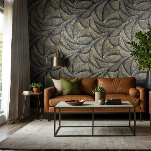 Skandináv természeti minta - nagyméretű levélre emlékeztető formák éjfekete antracit és arany tónus fémes hatás tapéta