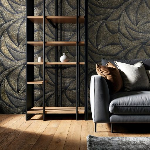 Skandináv természeti minta - nagyméretű levélre emlékeztető formák éjfekete antracit és arany tónus fémes hatás tapéta