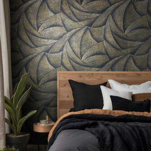 Skandináv természeti minta - nagyméretű levélre emlékeztető formák éjfekete antracit és arany tónus fémes hatás tapéta