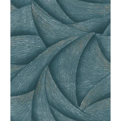 Skandináv természeti minta - nagyméretű levélre emlékeztető formák mély tengerkék/türkizkék ezüst és ó-arany tónus fémes hatás tapéta