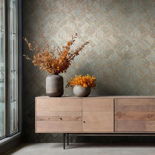 Változatos geometriai minta a textúrák és a fény játékával óceánzöld barnászöld arany/aranybarna és tónus finom mintafény tapéta