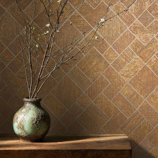 Változatos geometriai minta a textúrák és a fény játékával meleg bronzbarna és rézszín tónus finom mintafény tapéta