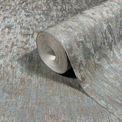 Függőleges irányú texturált felületű nyers selyemre emlékeztető minta hideg szürke ezüst türkiz és fémes barna tónus enyhe fény tapéta