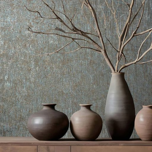 Függőleges irányú texturált felületű nyers selyemre emlékeztető minta hideg szürke ezüst türkiz és fémes barna tónus enyhe fény tapéta