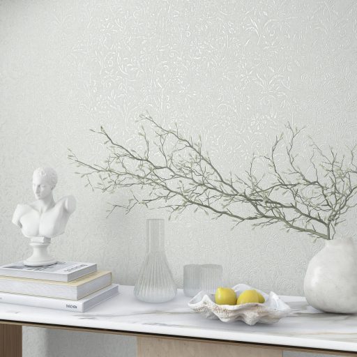 Barokk ihletésű indák és kacsos levelek - mint a brokát - dombornyomású mintája törtfehér és gyöngyház tónus finom fény tapéta
