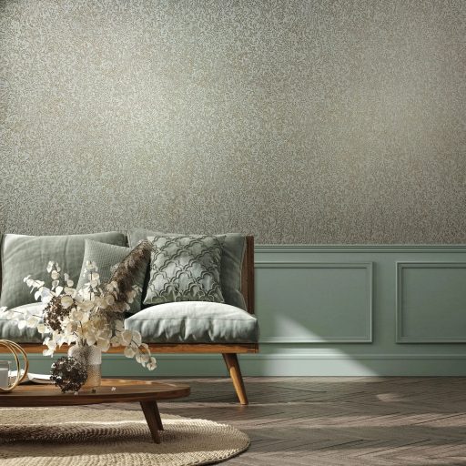 Barokk ihletésű indák és kacsos levelek - mint a brokát - dombornyomású mintája szürke türkizes-zöld és arany tónus finom fény tapéta