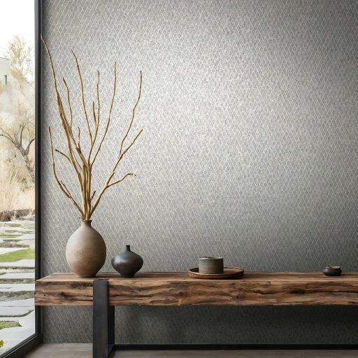 Skandináv elegancia klasszikus texturált felületű rombusz mintával antracit kékes-ezüst és krém tónus finom mintafény tapéta