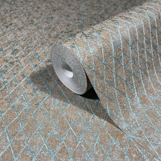   Skandináv elegancia klasszikus texturált felületű rombusz mintával barna/bronzbarna és ezüstös-türkizkék tónus finom mintafény tapéta