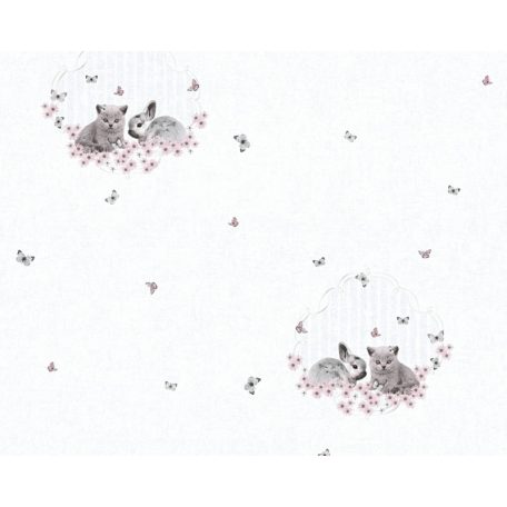 As-Creation Little Stars 35564-2  cicák nyulak fehér szürke rózsaszín  tapéta