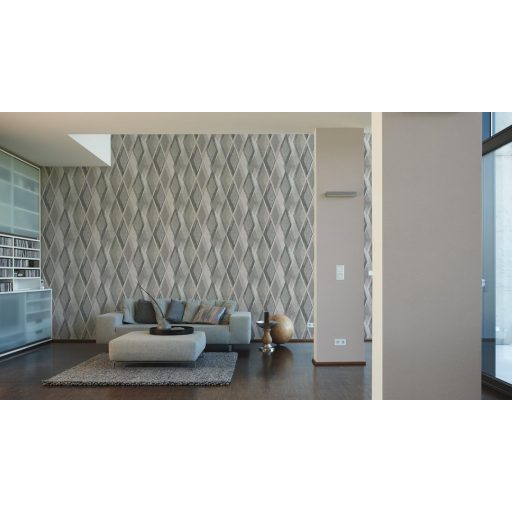 Retro stílusú geometriai design háromdimenziós egymásra épülő rombuszok krém bézs szürke és szürkésbézs tónus tapéta
