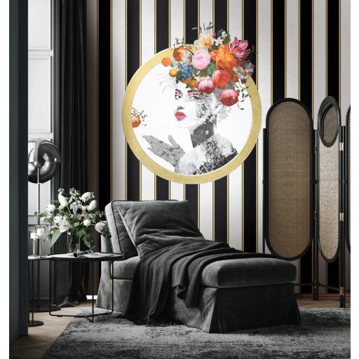 Art deco glamúr és barokk pompázat egy női portréban fekete fehér rózsaszín porcelánfehér narancs arany és bordó tónus falpanel