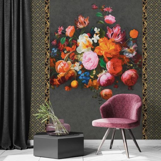 Barokk pompa és a francia vidéki romantika fúziója egy virágcsendéletben szürke mályva narancs kék és fehér tónus falpanel