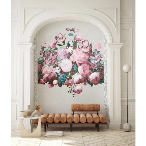 Barokk pompa és a francia vidéki romantika fúziója egy virágcsendéletben szürke mályva narancs kék és fehér tónus falpanel