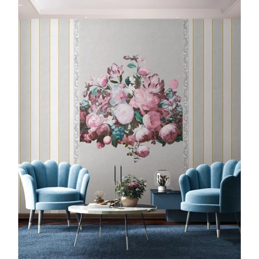 Barokk pompa és a francia vidéki romantika fúziója egy virágcsendéletben szürke mályva narancs kék és fehér tónus falpanel