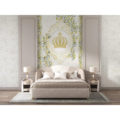 A barokk és a mediterrán természetesség lenyűgöző ötvözete fehér krém citromsárga szürke zöld és arany tónus falpanel