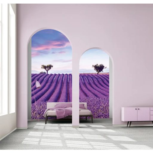 Provánszi tájkép hullámzó levendula sorokkal - elképesztő panoráma élénk lila pasztell rózsaszín és lágy kék tónus falpanel