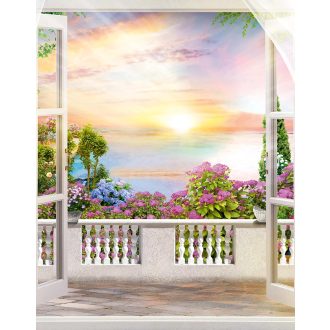   Ilyen nincs... és mégis VAN! Kinyílik a mediterrán álmok kapuja varázslatos panoráma rózsaszín narancs kék és zöld tónus falpanel