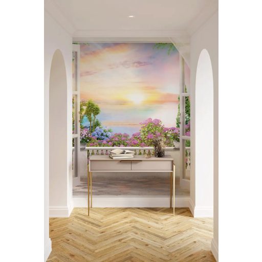 Ilyen nincs... és mégis VAN! Kinyílik a mediterrán álmok kapuja varázslatos panoráma rózsaszín narancs kék és zöld tónus falpanel