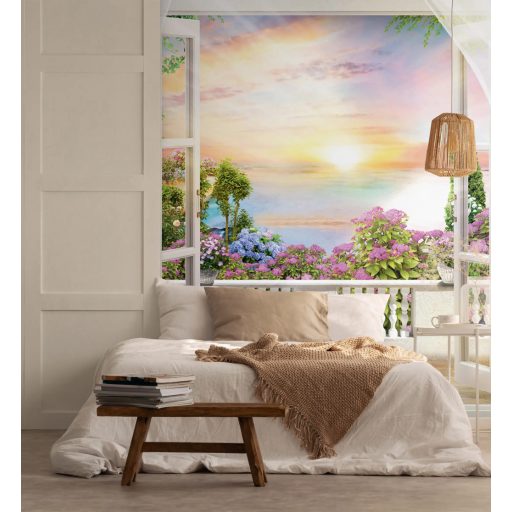 Ilyen nincs... és mégis VAN! Kinyílik a mediterrán álmok kapuja varázslatos panoráma rózsaszín narancs kék és zöld tónus falpanel