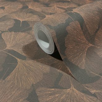   Valódi fókuszpont! Organikus luxus 3D gingko minta szénfekete és antikolt bronz tónus tapéta