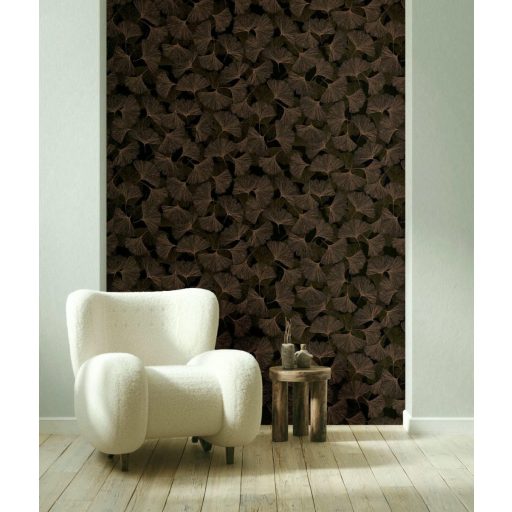 Valódi fókuszpont! Organikus luxus 3D gingko minta szénfekete és antikolt bronz tónus tapéta