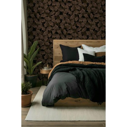 Valódi fókuszpont! Organikus luxus 3D gingko minta szénfekete és antikolt bronz tónus tapéta