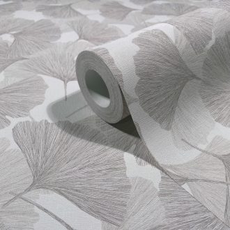   Valódi fókuszpont! Organikus luxus 3D gingko minta törtfehér és púderes szürke tónus tapéta