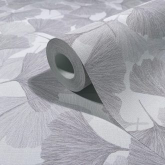   Valódi fókuszpont! Organikus luxus 3D gingko minta törtfehér és szürke tónus tapéta