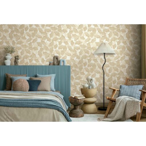 Valódi fókuszpont! Organikus luxus 3D gingko minta krém és aranyló meleg bézs tónus tapéta